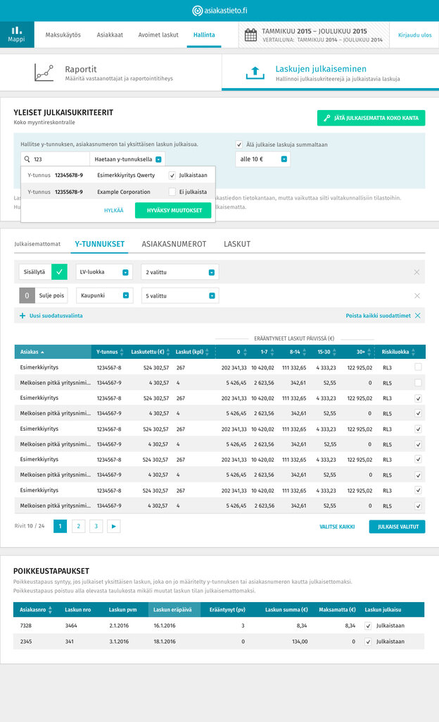 Invoice publication settings with company filters, publication rules, invoice selection and individual exceptions