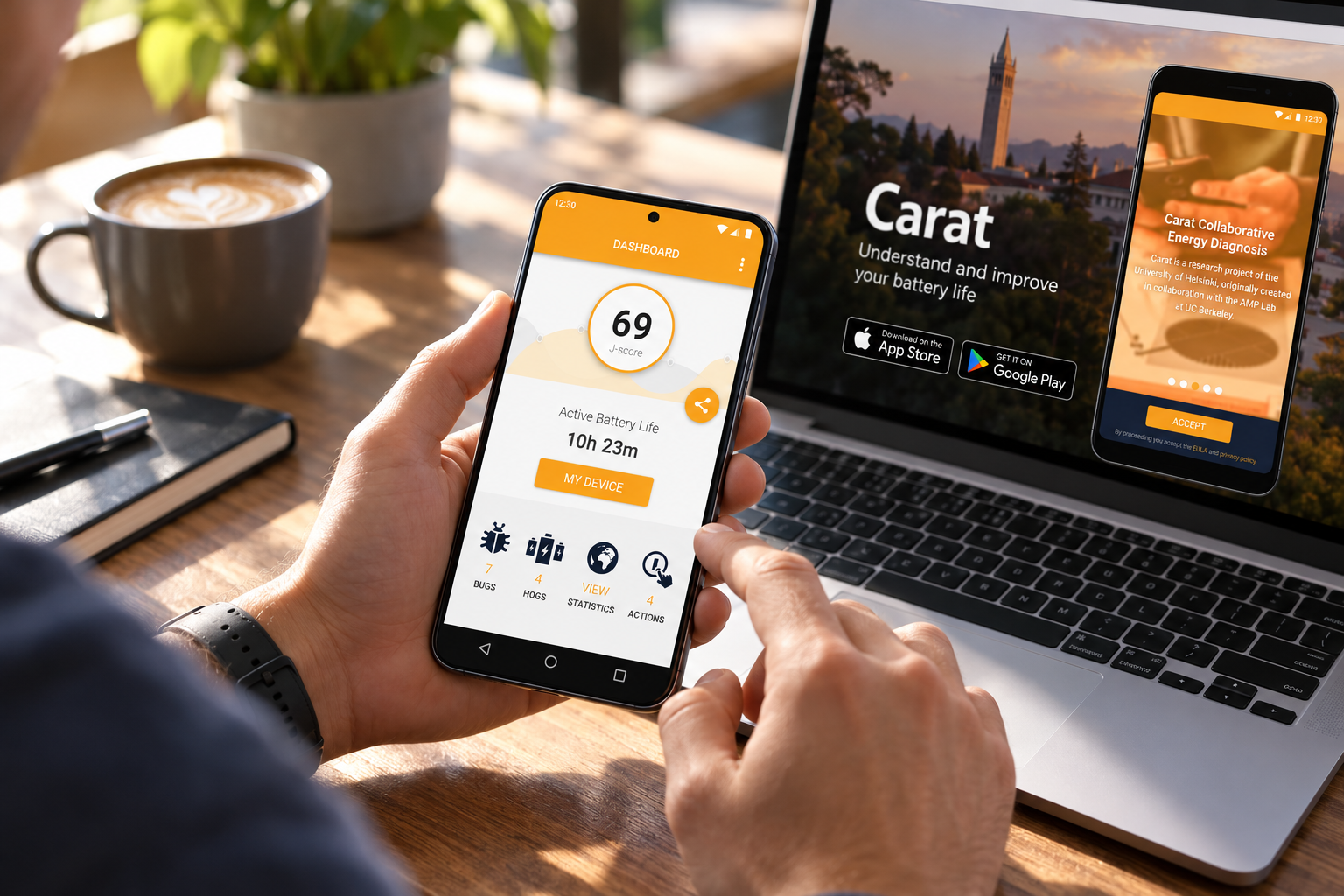 Carat mobile dashboard designs with battery life, J-score and report navigation