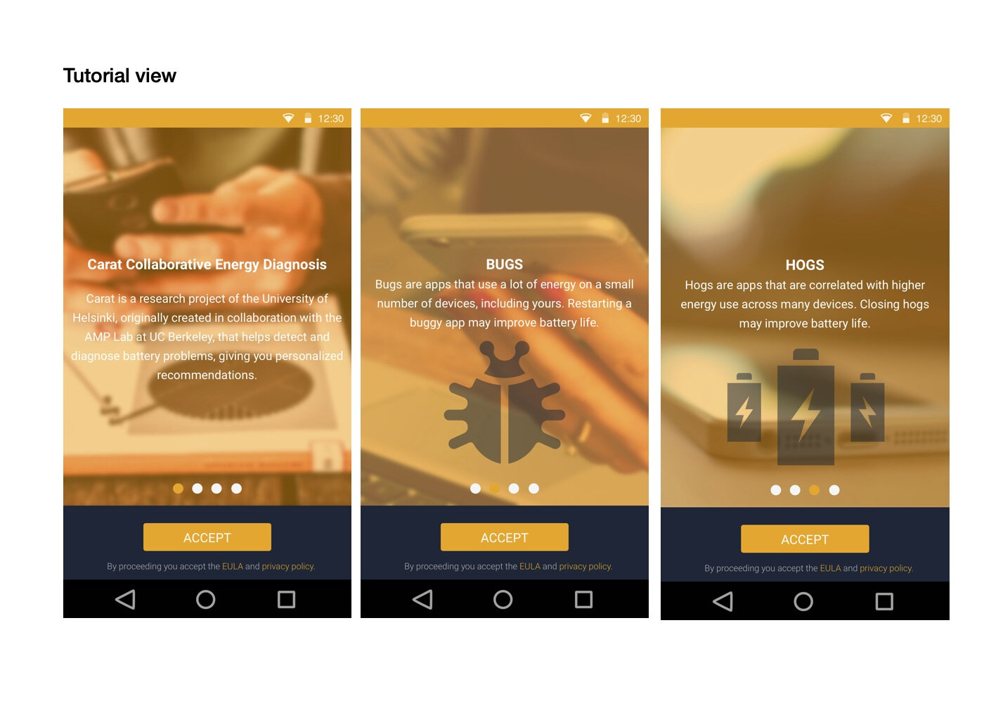 Three Carat onboarding screens introducing the research project, bugs and hogs