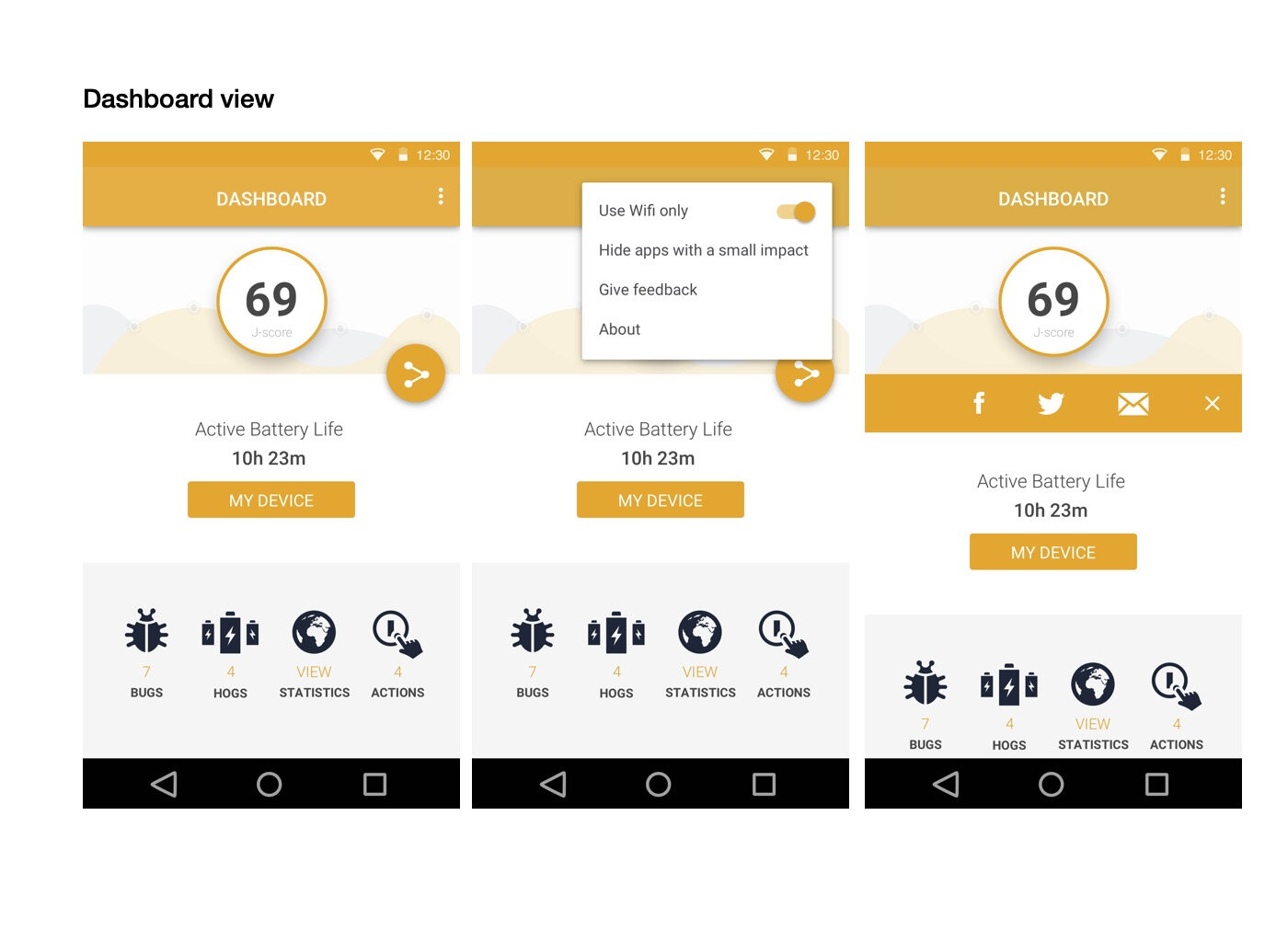 Carat dashboard with battery overview, settings menu and sharing options