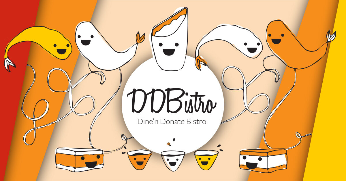 DDBistro — Dine’n Donate Bistro identity with illustrated food characters in orange, yellow and cream