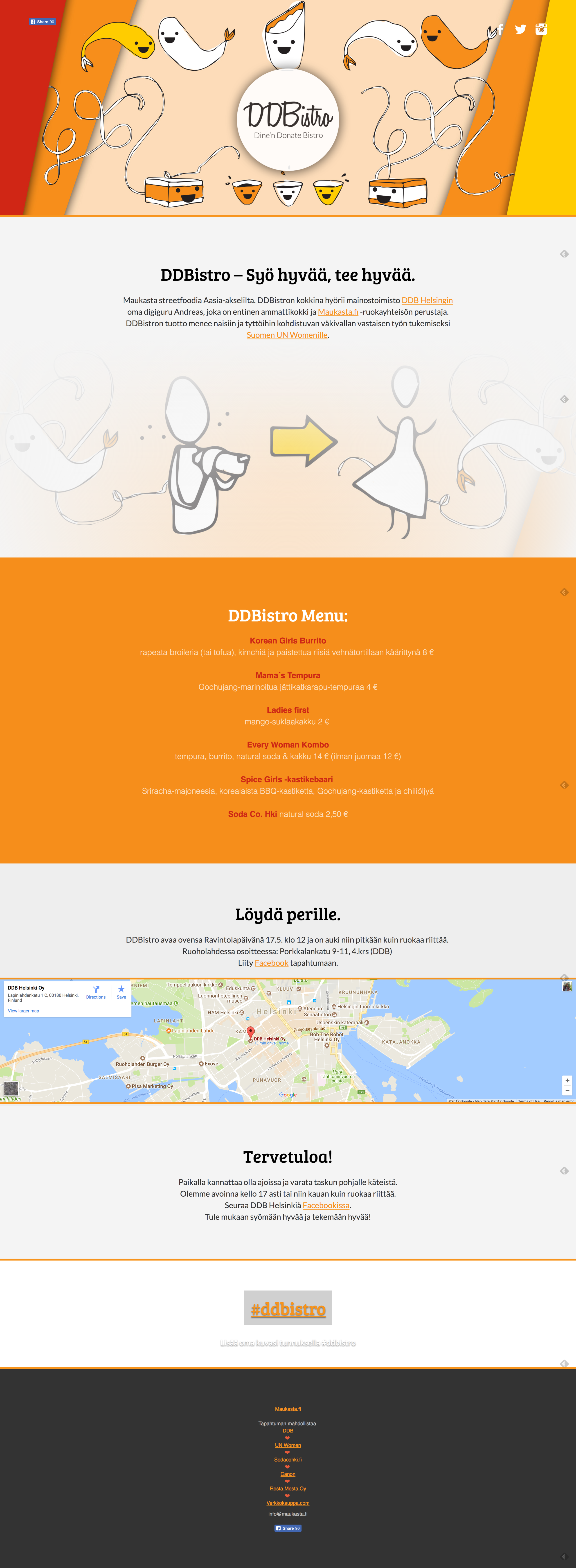 Full DDBistro website layout with illustrated food characters, the charity introduction, street-food menu, directions and event information