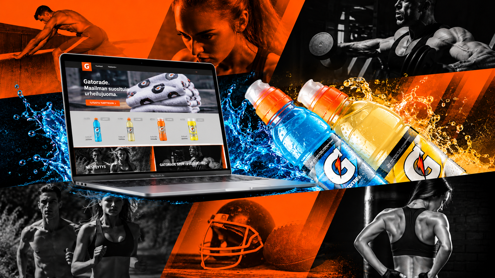 Gatorade Finland website displayed on a laptop beside Gatorade drinks