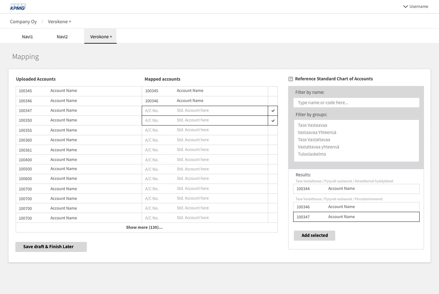 KPMG Verokone account mapping interface