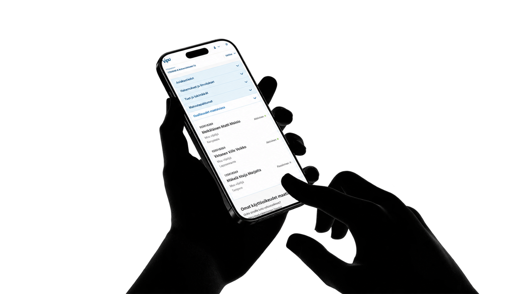 Vipun mobiilietusivu puhelimessa. Haitariosioista maatilojen osallisuustiedot ovat avoinna.