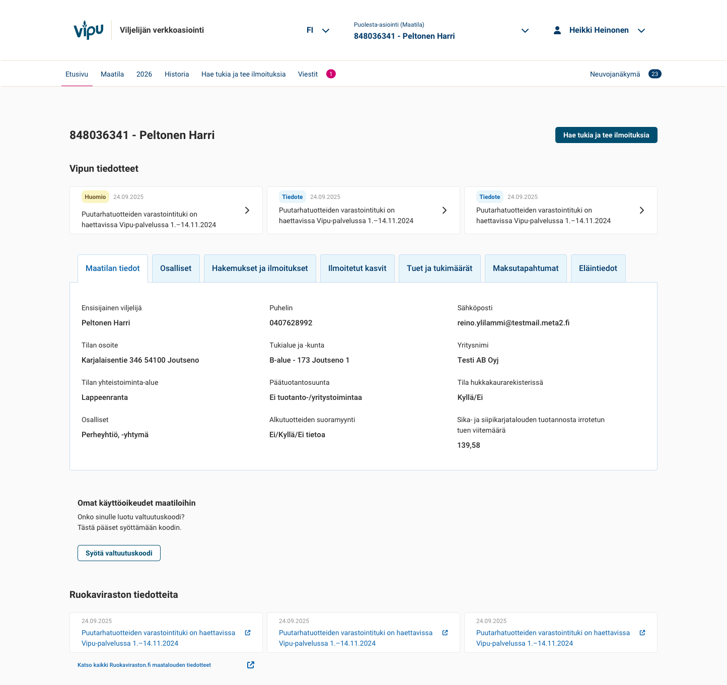Vipun uusi työpöytäetusivu, jossa tiedot on ryhmitelty välilehtiin ja maatilan tiedot on valittu.